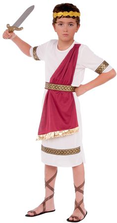 a young boy dressed in an ancient greek costume