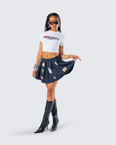 Say hello to the G-RATED version of our iconic TEAGAN skirt ❤️ For our babes who like to keep things a secret, this mini skirt is made with from pinstripe suiting fabric and complete with a pleated design and fun patches 💋 Fun Patches, White Graphic Tee, Suiting Fabric, High Fashion Outfits, Black Off Shoulder, Cool Patches, Graphic Top, Good Girl, White Jersey