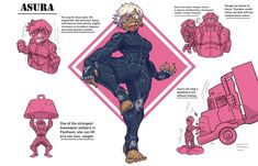 the concept art for asura's character sheet, which includes pink and black colors