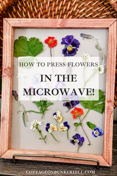 a frame with flowers in it and the words how to press flowers in the microwave