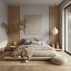 a large bed sitting on top of a wooden floor next to a tall white wall