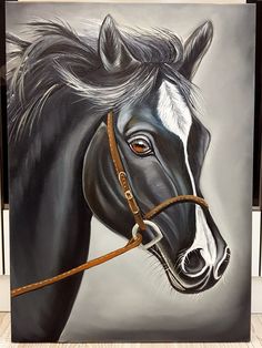 a painting of a black horse wearing a bridle