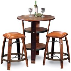 three stools and a table with wine bottles on it