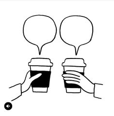 two hands holding coffee cups with speech bubbles above them