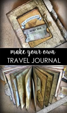 an open travel journal with the words make your own travel journal written on it and photos