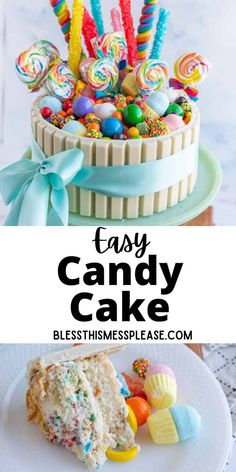 an easy candy cake with marshmallows and lollipops on top