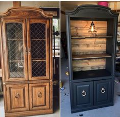 an old china cabinet is painted black and has been refinished with wood veneers