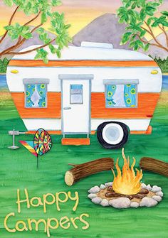 a happy camper's flag with an rv in the background and fire pit