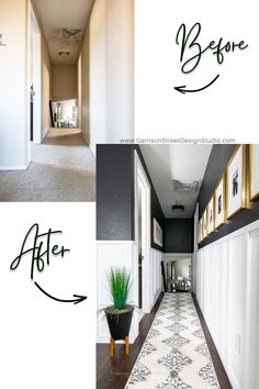 before and after photos of a hallway with black and white walls, wood flooring and carpet