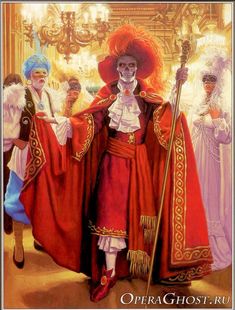 a painting of a skeleton dressed in red and white with other people standing around him