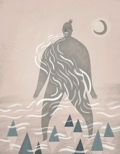 a drawing of a man standing in the water with mountains around him and a half moon above his head