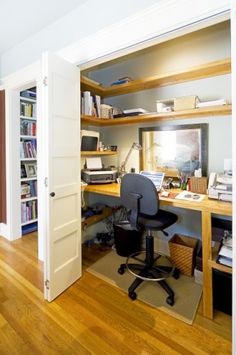 an image of a home office with bookshelves