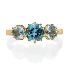 three stone ring in yellow gold with blue topaz