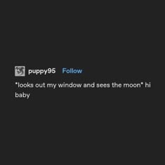 a black background with the text puppy9 follow looks out my window and sees the moon hi baby