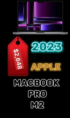 an apple macbook pro with neon lights and a price tag on the screen, in front of a black background