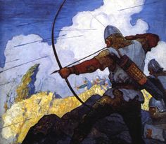 a painting of a man holding a bow and arrow on top of a mountain with clouds in the background