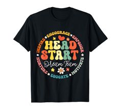 a black t - shirt with the words hello start in colorful letters and flowers on it