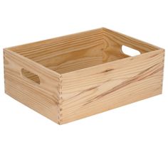 a wooden box with handles and two holes in the bottom, on a white background