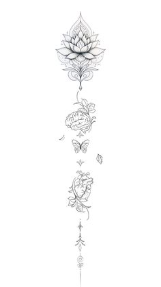 a line drawing of flowers and leaves on a white background with an arrow in the middle