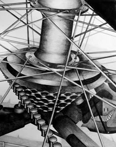 a pencil drawing of a large metal object with many wires and gears on it's sides