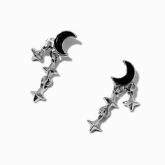 Reach for the stars! These drop earrings feature a black crescent moon with dangling silver-tone stars for a celestial vibe. Finish: Silver-toneClosure: Post backDrop: 0.75 in. / 1.90 cm.Material: Metal - Claire's Crescent Moon & Stars Silver-tone Drop Earrings Black Crescent Moon, Crown Hair Clip, Sensitive Ears Earrings, Piercing Kit, Flower Crown Hairstyle, Hair Gift, Reach For The Stars, Crochet Clothing And Accessories, Jewelry Words