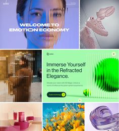 a series of photos with different colors and shapes on them, including the words'welcome to emotion economy '