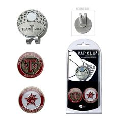 three different metal badges and magnets on a white background with the words team golf