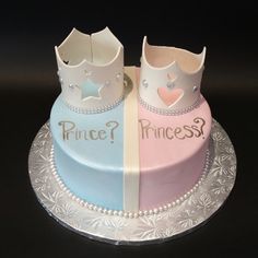 two cakes decorated with crowns and the words princess on each one are sitting side by side