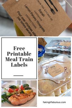 free printable meal train labels are shown in this collage with the words free printable meal train labels