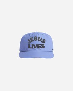 a blue jesus lives hat on a white background