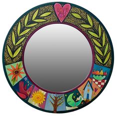 Large Circle Mirror – Beautifully bold mirror with boxed icons and metallic gold paint dabs all around Large Circle Mirror, Hand Painted Mirrors, India Crafts, Whimsical Painted Furniture, Sticks Furniture, Metallic Gold Paint, Circle Mirror, Des Moines Iowa, Mirror Painting