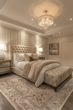 a large bed sitting in the middle of a bedroom next to a chandelier