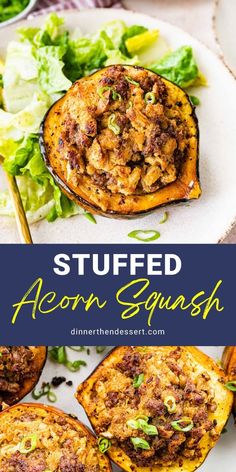 stuffed acorn squash on a plate with lettuce