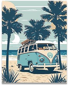 a blue and white van parked on top of a sandy beach next to palm trees