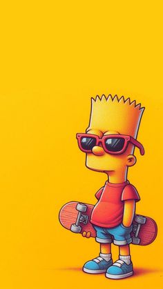 a cartoon character holding a skateboard on top of a yellow background with the simpsons wearing sunglasses