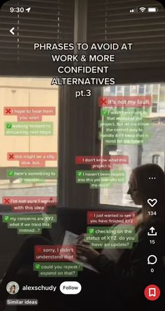 a person sitting in front of a window with some texts on it and the caption reads phrases to avoid at work & more confident alterative pp3