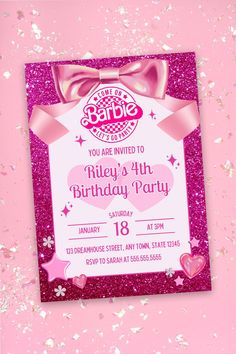 a birthday party card with pink glitter and bow