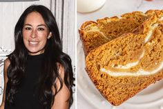 a woman standing in front of a plate with cake on it and another photo of a piece of cake