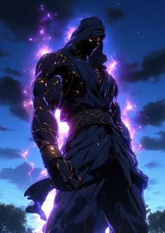 an anime character standing in front of a blue sky with purple lightning coming out of it