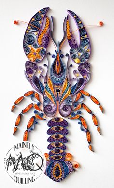 a paper sculpture of a colorful lobster on a white background with orange, blue and purple colors