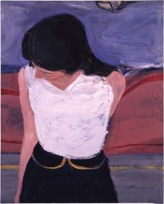 a painting of a woman in white shirt and black skirt