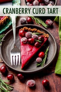 a slice of cranberry curd tart on a plate with a fork