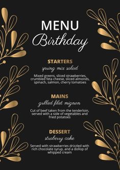 a black and gold birthday menu