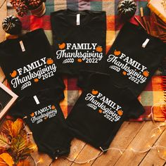 These matching family fall thanksgiving t-shirts are a must have for your holiday this year. These adorable shirts come in two colors black and white and multiple sizes for any size family. We use high quality, soft flex vinyl which not only creates a sharp, vivid graphic but will never look "faded" or “washed out” like some inks commonly do. Processing time is 2-4 days, delivery will depend on your choice at checkout First Class Mail 5-7 days, Priority Mail 2-4 days & Priority Express is 1-2 da Diy Thanksgiving Shirts For Family, Cute Thanksgiving Shirts Family, Matching Thanksgiving Shirts Family, Family Matching Tops With Custom Print For Family Gatherings, Family Letter Print Tops For Fall, Family Matching Tops With Letter Print For Gatherings, Black Short Sleeve Top For Family Gatherings, Fall Tops With Letter Print, Custom Print Black Top For Family Gatherings