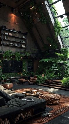 a living room filled with lots of plants and furniture