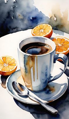 a painting of a cup of coffee with orange slices