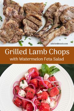 grilled lamb chops with watermelon feta salad on a white plate