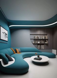 a living room filled with furniture and a book shelf on the wall next to it