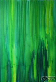 an abstract painting with green and blue colors