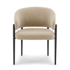 an upholstered chair with black legs and a beige fabric seat, viewed from the front